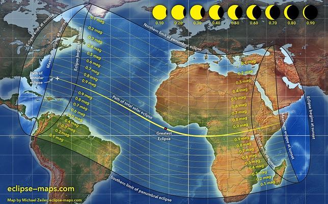 Mapa de observación del eclipse en el mundo