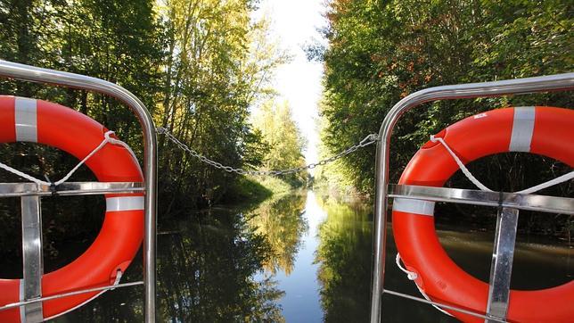Vista del Canal de Castilla desde el barco que surca sus aguas en Palencia