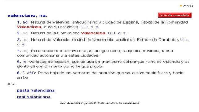 Imagen de la definición de valenciano de la RAE