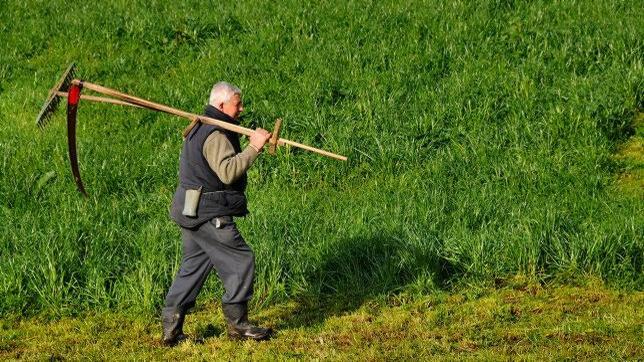 Pasiego con su «dalle» (guadaña) y rastrillo