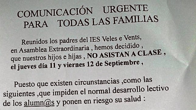 Imagen de la circular remitida a los padres