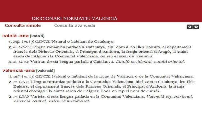 Imagen de la definición de valenciano de la AVL que rechaza la Generalitat