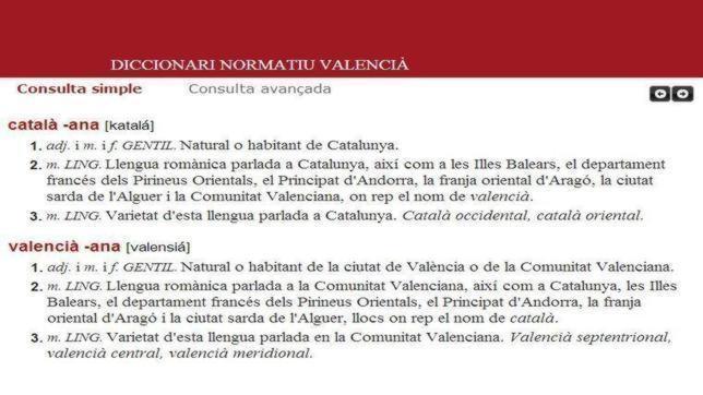 Imagen de la definición de valenciano de la AVL que rechaza la Generalitat