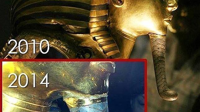 Montaje del antes y después de la resina aplicada indebidamente a la barba rota de la máscara de oro