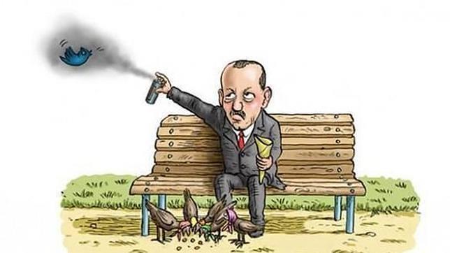 Caricatura de Erdogan «gaseando» al pájaro símbolo de Twitter