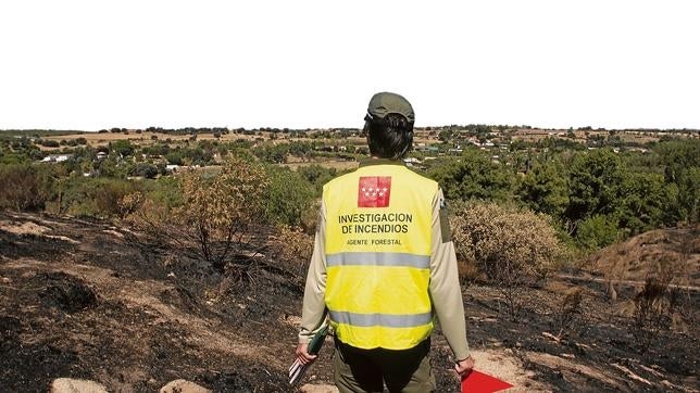 Un agente de las Brigadas de Investigación busca el origen de un incendio reciente
