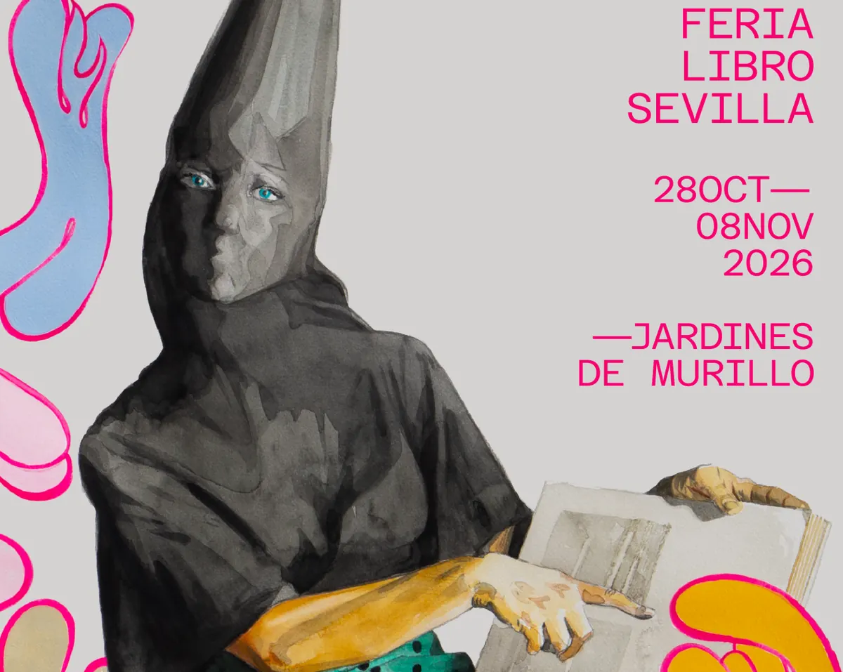 Cartel de la feria, obra de Manuel León: una sibila con capirote de nazareno, falda de flamenca y zapatillas deportivas sostiene un libro abierto.