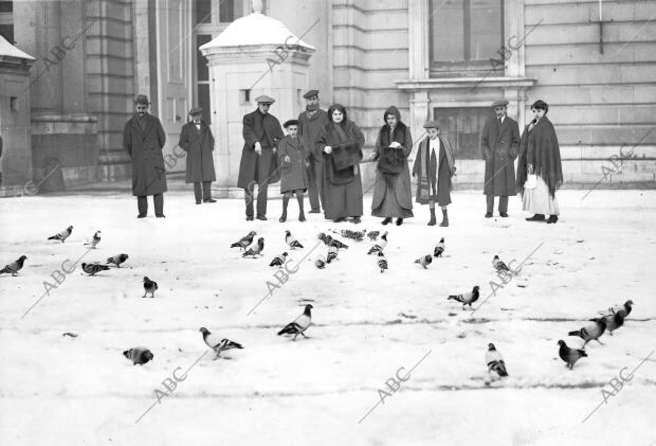 En la plaza de la Armería dando de comer a las palomas del Palacio Real tras las nevadas, el 20 de enero de 1914