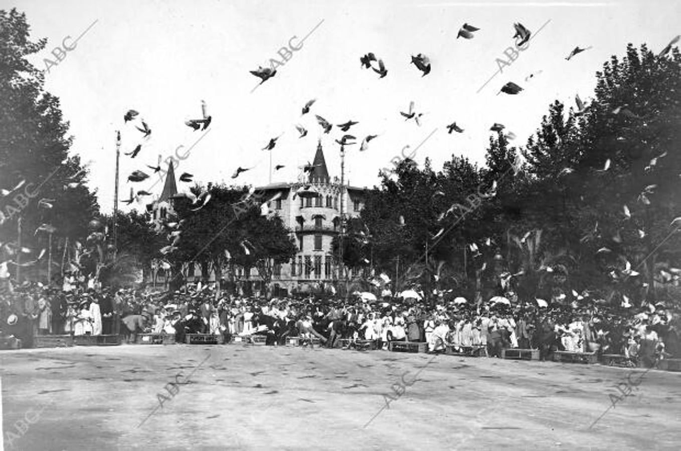 Barcelona, 1/10/1908. Las Fiestas de la Merced. Suelta de palomas en la Plaza de Cataluña