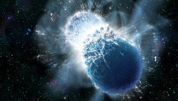 Colisión de dos estrellas. El colapso de sus masas genera ondas gravitacionales