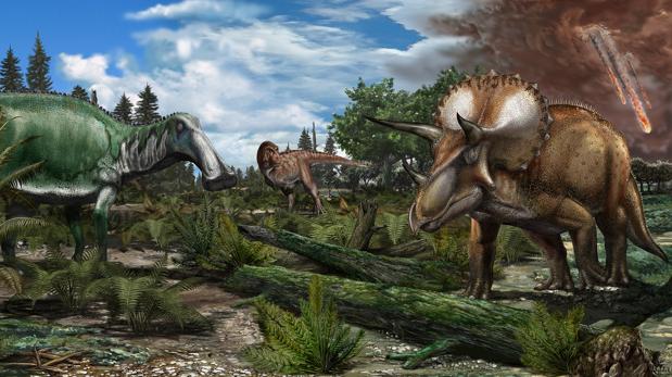 Dinosaurios como Tyrannosaurus rex , Edmontosaurus y Triceratops en una llanura de América del Norte hace 66 millones de años