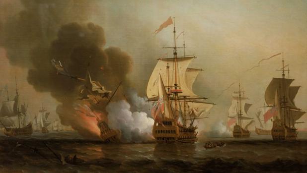 Cuadro de Samuel Scott con «La acción de Wager», el hundimiento del galeón San José