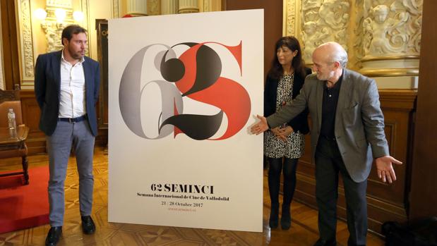 El alcalde de Valladolid, Óscar Puente, y la concejala de Cultura y Turismo, Ana Redondo, presentan los carteles de la Seminci junto al director del Festival, Javier Angulo