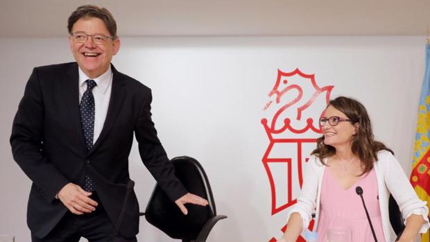 Puig y Oltra en la rueda de prensa de balance de sus tres años al frente del Consell