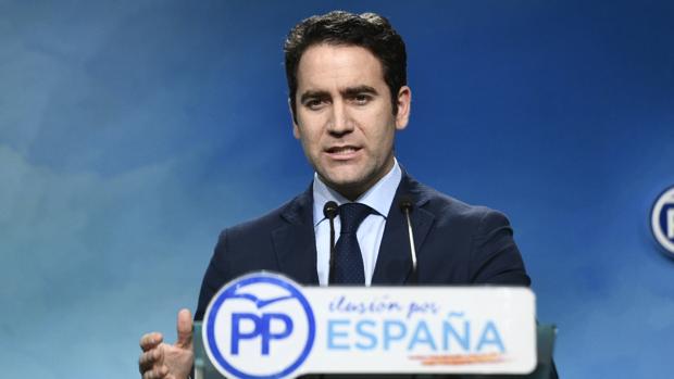 El secretario general del PP, Teodoro García Egea, ayer en la rueda de prensa en la sede nacional del partido