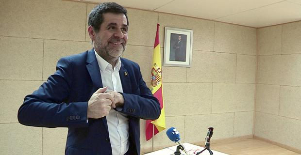 Jordi Sànchez, expresidente de la ANC, durante una rueda de prensa desde la cárcel de Soto del Real