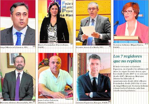 Fotomontaje con los únicos siete alcaldes de los grandes municipios de Castilla-La Mancha que no optarán a la reeleción: Ángel Mariscal (Cuenca, PP), Mayte Fernández (Puertollano, PSOE), Vicente Aroca (La Roda, PP), Victoria Sobrino (Miguelturra, PSOE), Mariano Alonso (Fuensalida, PP), Juan Carlos Palencia (Sonseca, PSOE) y Gustavo Figueroa (Bargas, PSOE)