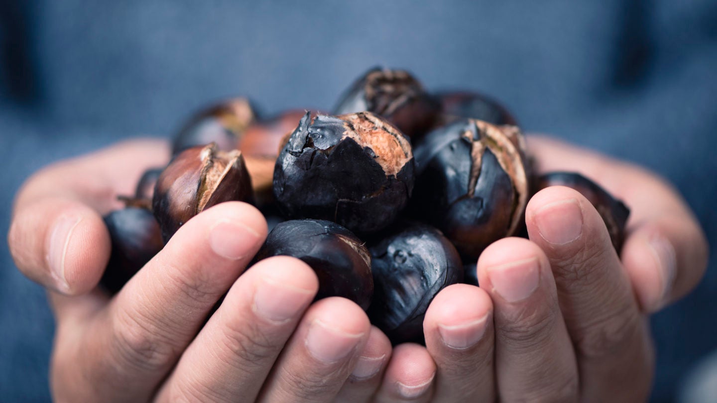 man with roasted chestnuts in his hands