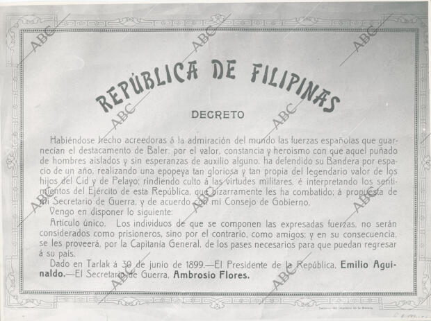 Decreto por el que la República de Filipinas permitía a los héroes de Baler,...