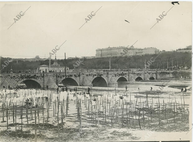 Imagen de los tendederos junto al Puente de Segovia de Madrid a principios del...