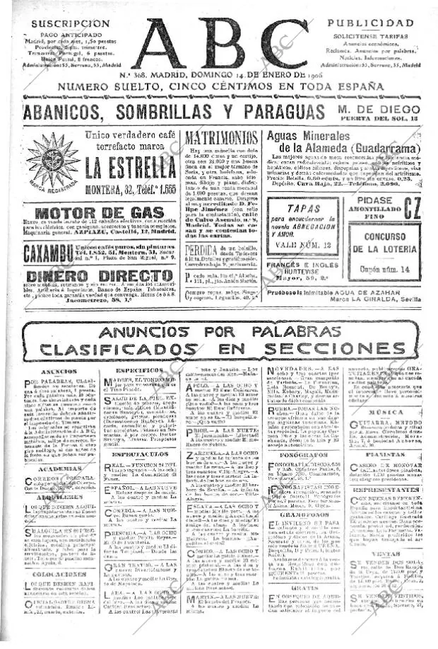Periodico Abc Madrid 14 01 1906 Portada Archivo Abc
