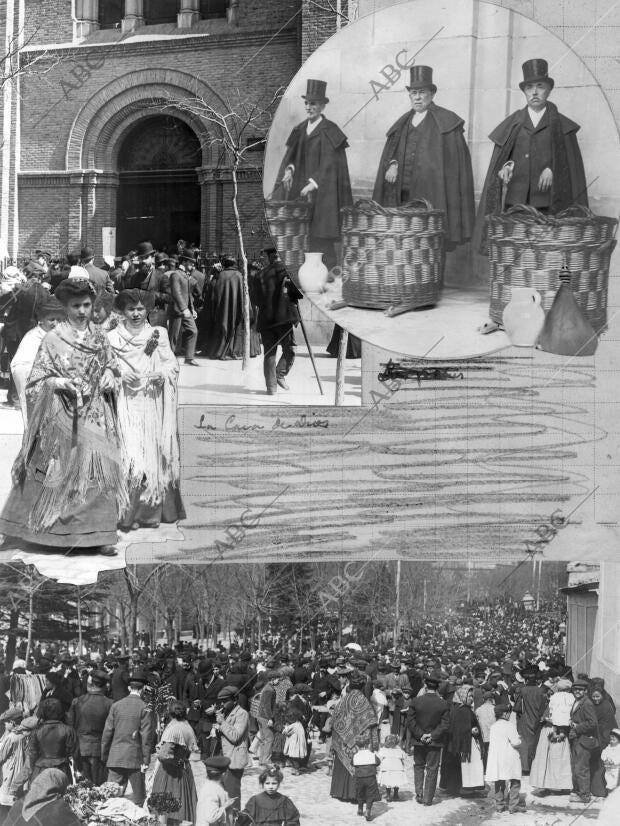 Pobres que acuden al lavatorio en Palacio con los trajes y cestos de comida que...