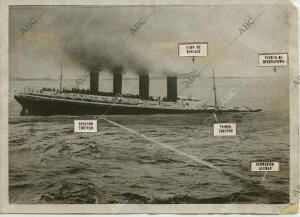 El naufragio del «Lusitania», con indicaciones del lugar que ocupaba el...