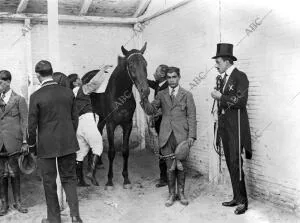 S. M. el Rey (x) visitando en las caballerizas la instalación de los caballos de...