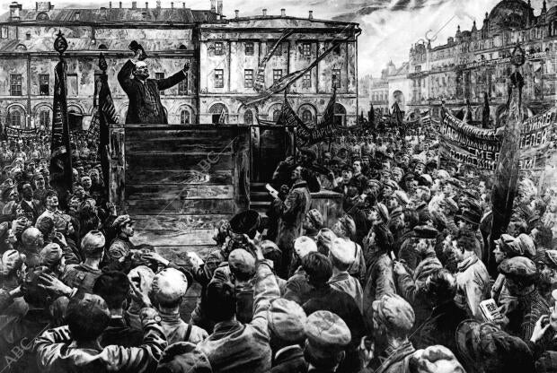 Lenin en un dibujo de la Epoca se Despide ante las Unidades del ejército rojo...