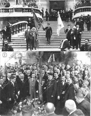 las Banderas de los Sitios al salir del ayuntamiento con la procesión Cívica que...