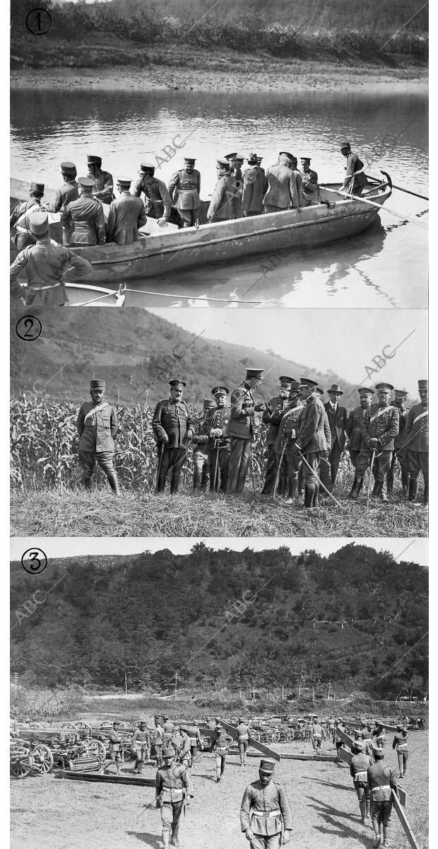 Practicas de los Ingenieros Pontoneros 1 S.M. el Rey Embarcado en un Ponton para...