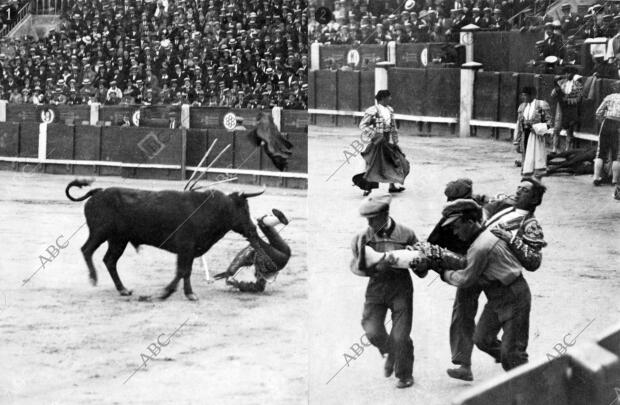 Cogida de Cocherito de Bilbao por el segundo Toro