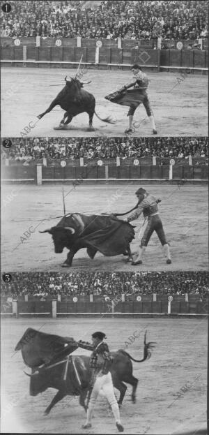 De la novillada de ayer en Madrid. 1.-Méndez en un pase de Muleta. 2.-la rosa en...