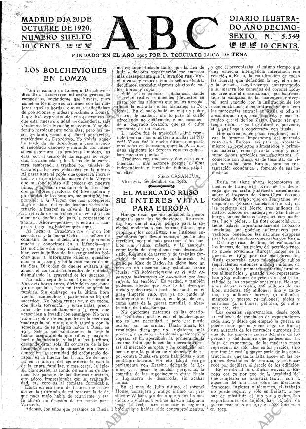 Periódico ABC MADRID 20-10-1920,portada - Archivo ABC