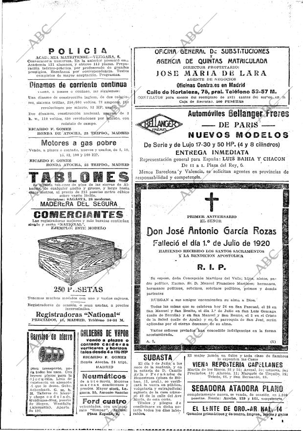 Periódico ABC MADRID 26-06-1921,portada - Archivo ABC