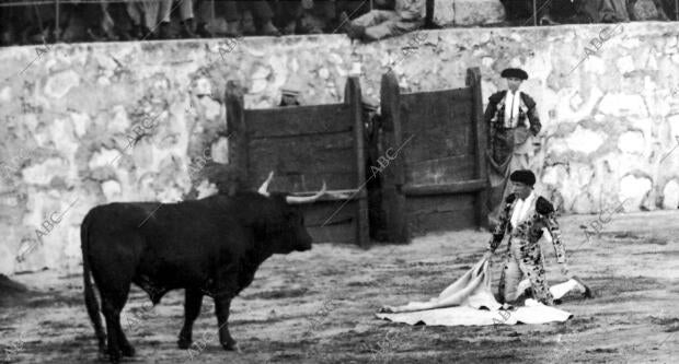 El famoso matador de toros Sánchez Mejías arrodillado ante el séptimo toro de la...