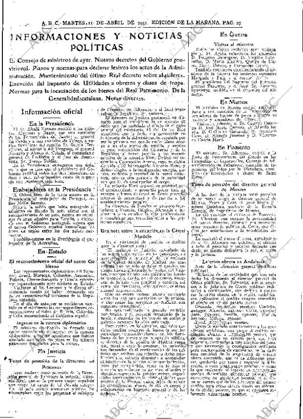 ABC MADRID 21-04-1931 página 27