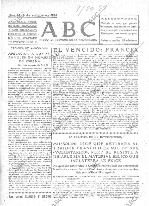 ABC MADRID 09-10-1938 página 1