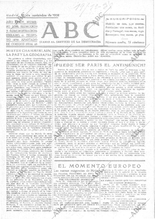 ABC MADRID 19-11-1938 página 1