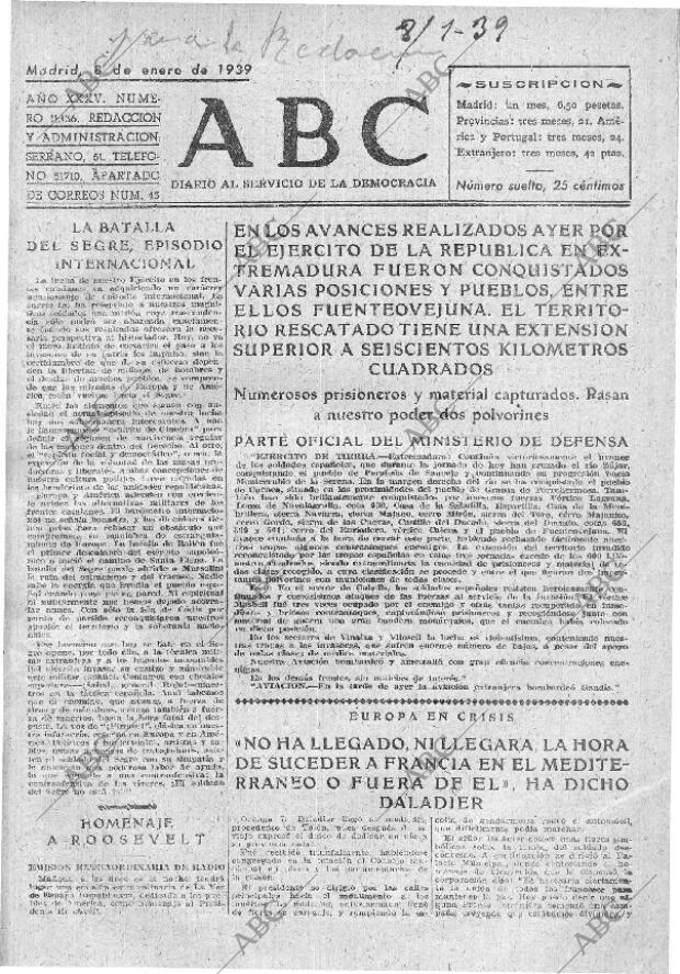 ABC MADRID 08-01-1939 página 1