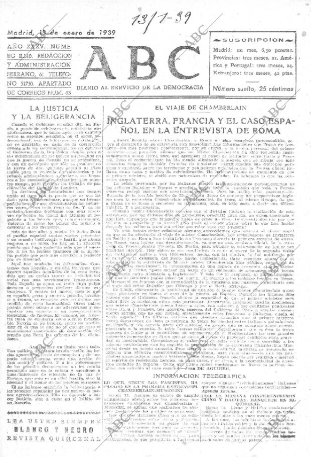 ABC MADRID 13-01-1939 página 1