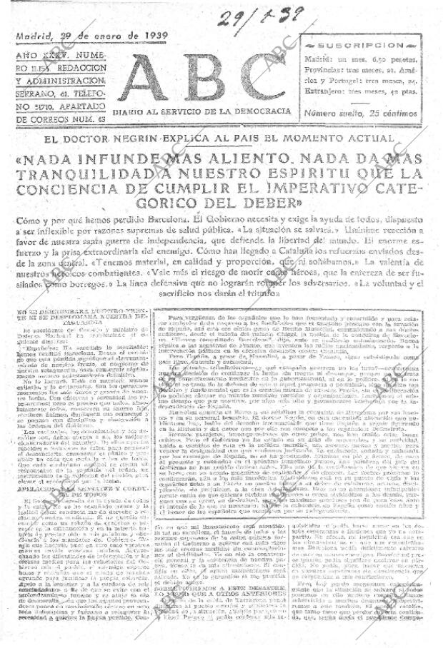 ABC MADRID 29-01-1939 página 1