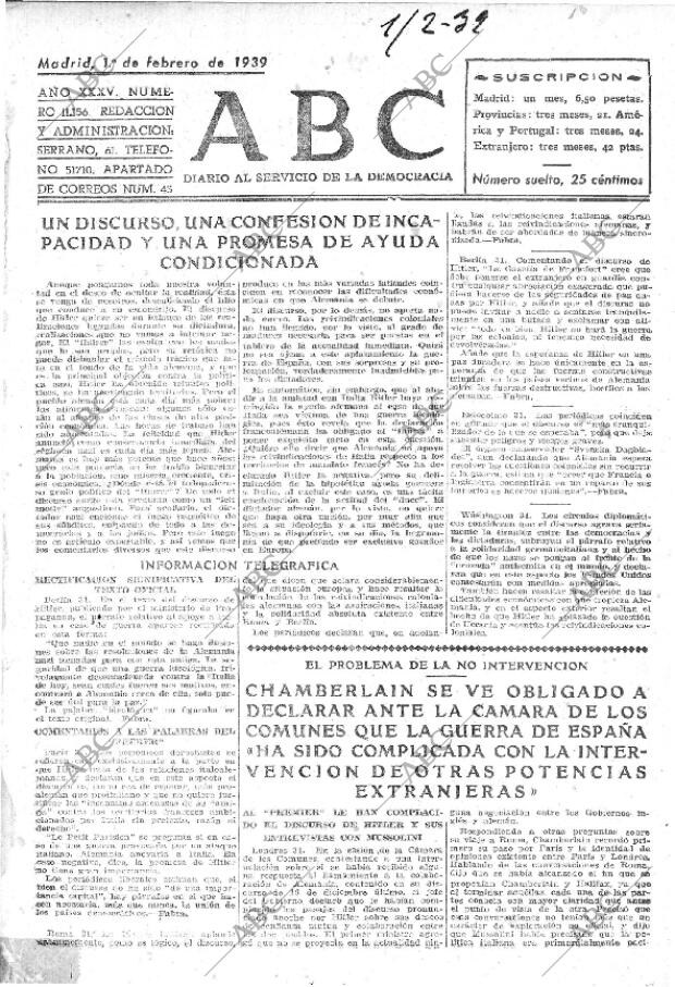ABC MADRID 01-02-1939 página 1