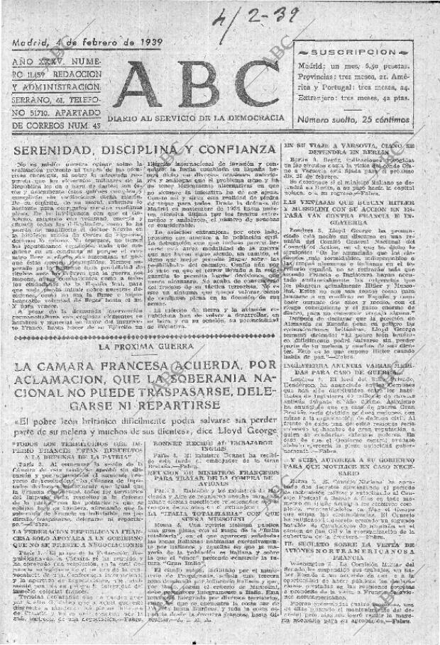ABC MADRID 04-02-1939 página 1