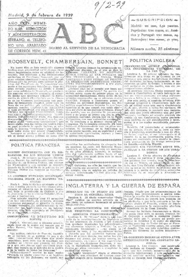 ABC MADRID 09-02-1939 página 1