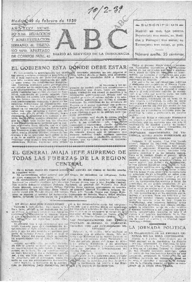 ABC MADRID 10-02-1939 página 1