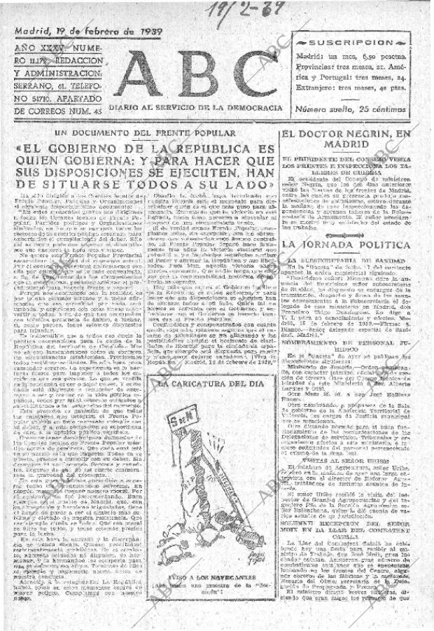 ABC MADRID 19-02-1939 página 1
