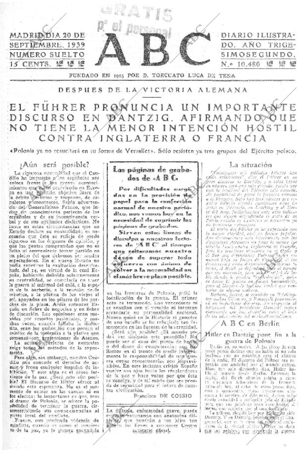 ABC MADRID 20-09-1939 página 1