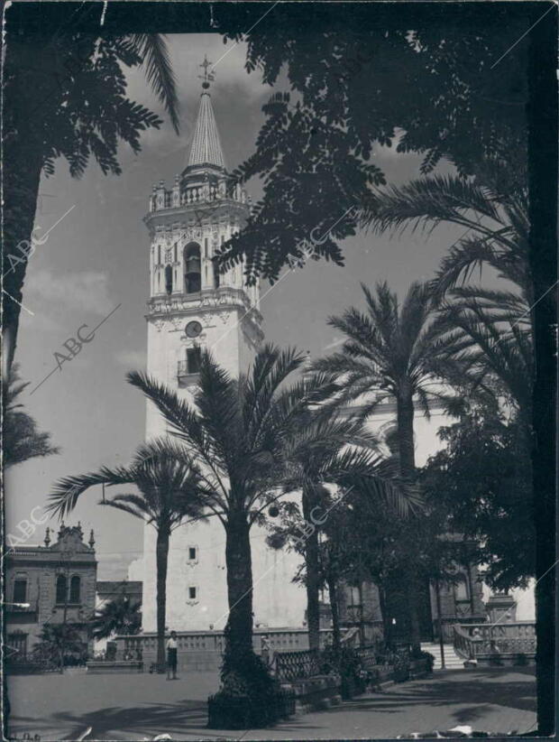 Iglesia de la palma del Condado, tapada por las Palmeras de la Plaza