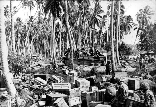 Un vehículo anfibio del cuerpo de infantería de marina lleva a tierra las...